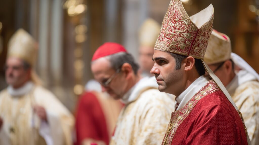 A bishop in ceremonial robes with the hat.