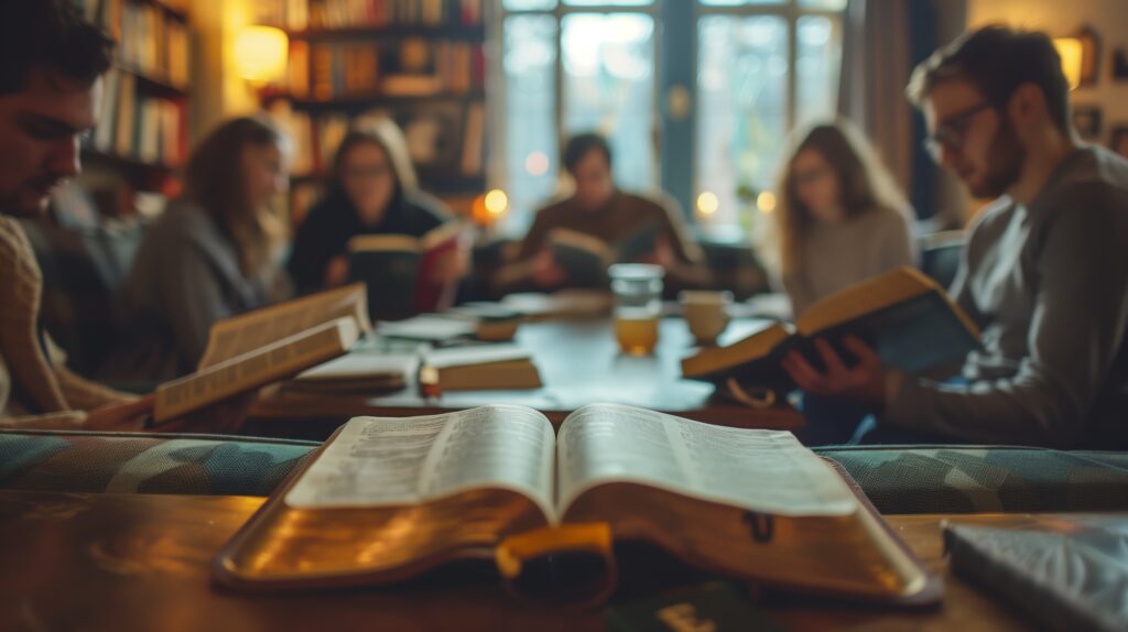 Cozy bible study group gathering in a warm, inviting room with books and soft lighting